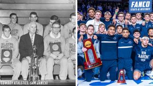 ncaa wrestling championships history of team tournament, in photo oklahoma state old-school 1950's team and penn state nittany lions 2022 team
